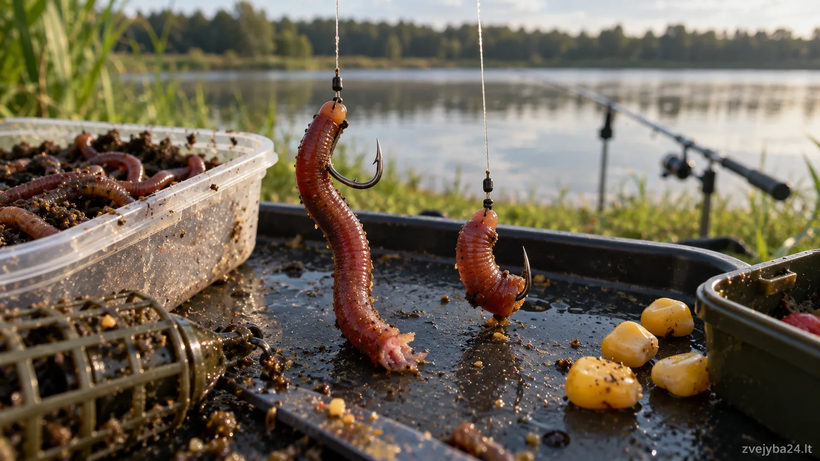 Ant kabliuko matomas smulkių žuvų apgraužtas sliekas