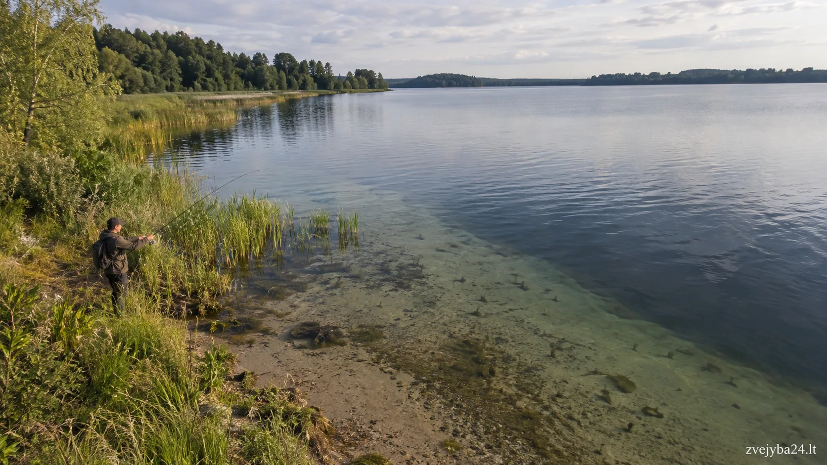 Žvejys nuo kranto sistemingais metimais tikrina seklumos ir gilesnio vandens ribą