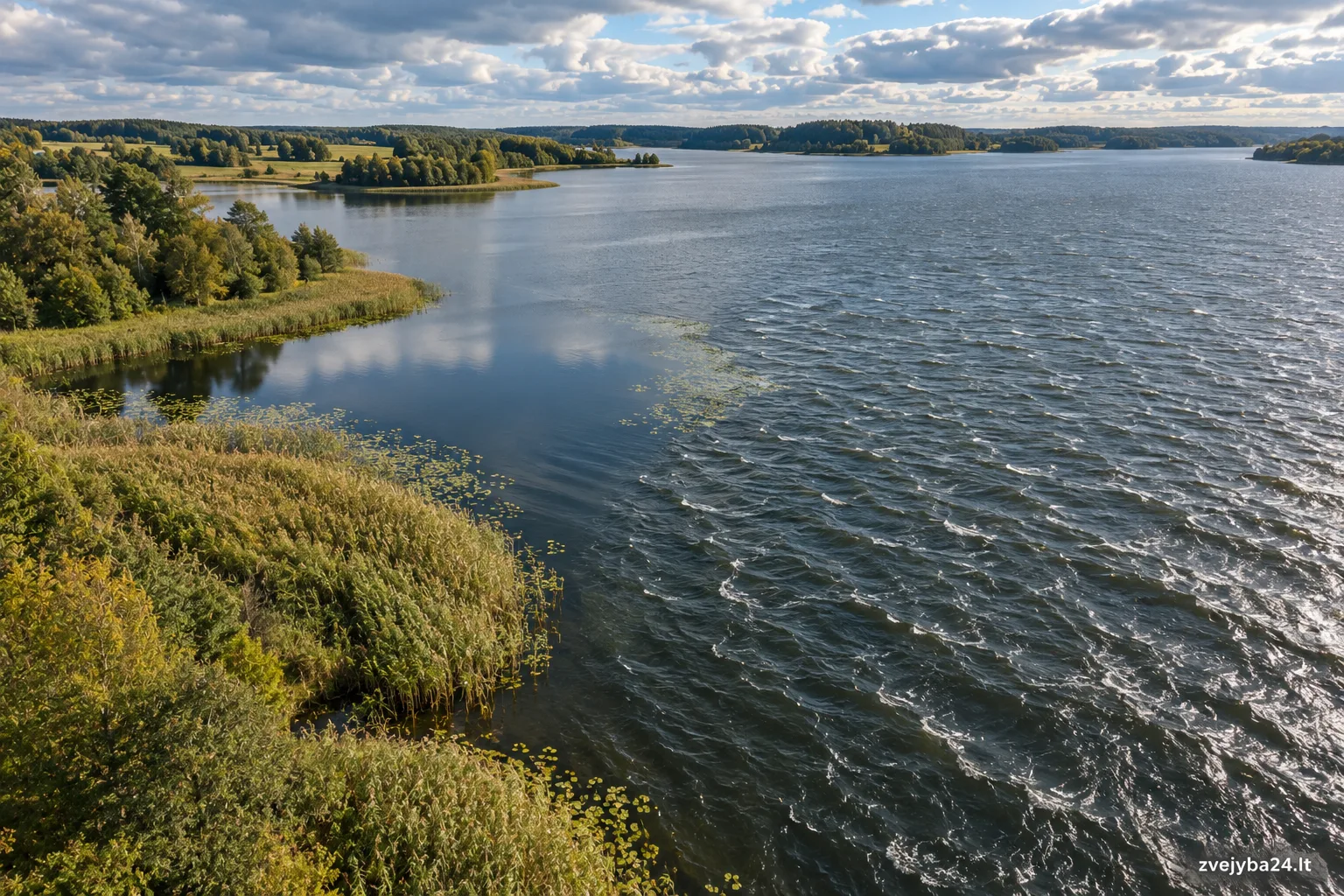 Vėjo veikiama Lietuvos ežero pakrantė su nendrių ir atviro vandens riba