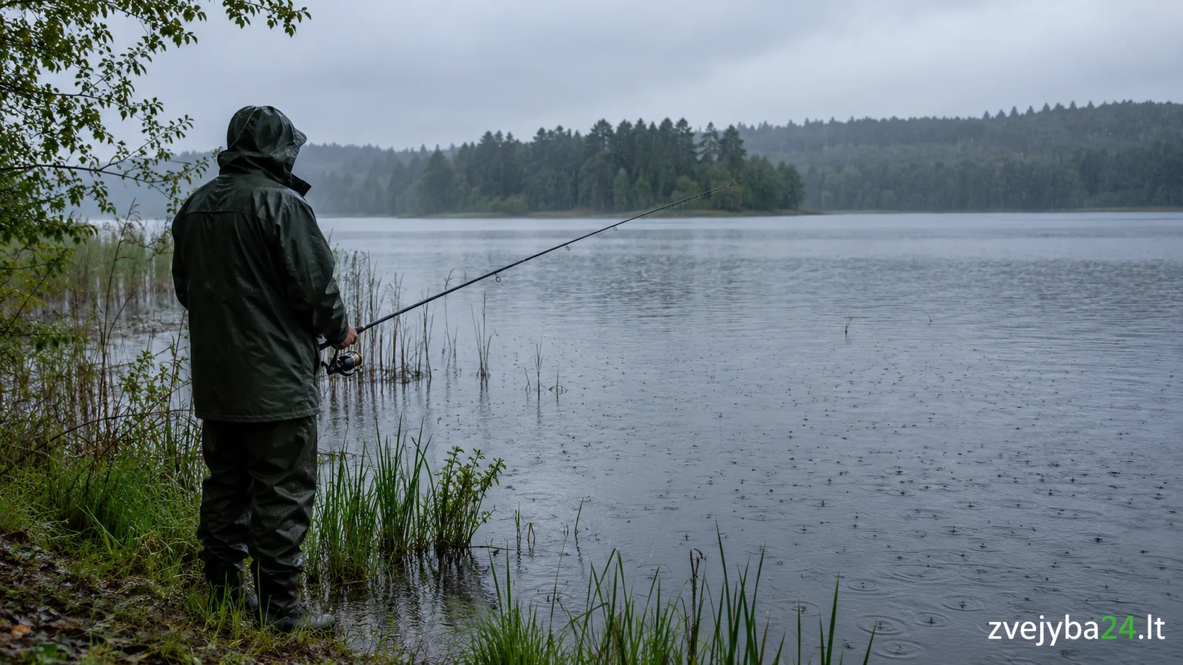Žvejas su lietpalčiu stovi prie ežero kranto per smulkų lietų, vandens paviršius išmargintas lašų rateliais