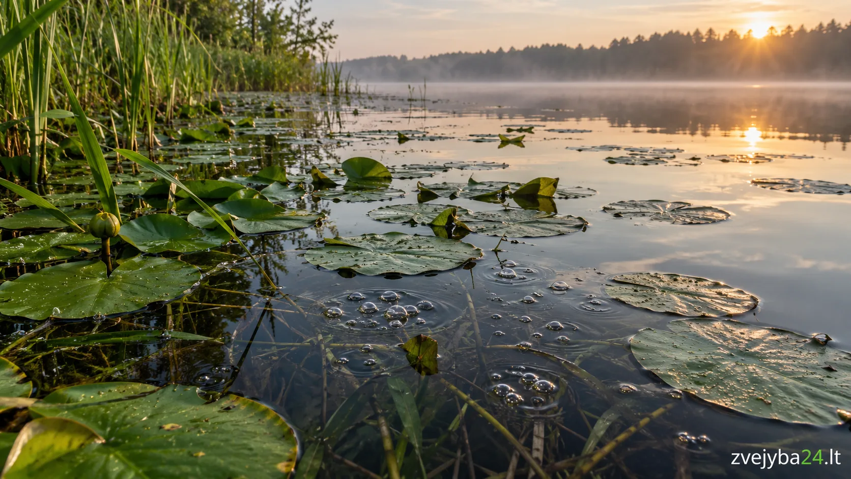 Ramus užžėlęs ežero kraštas ankstų vasaros rytą, tarp vandens lelijų lapų kyla smulkūs burbuliukai