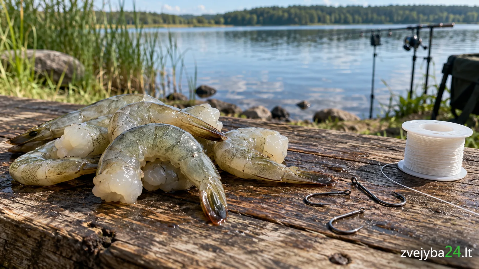 Kelios žalios nuluptos krevetės ant medinės lentelės prie ežero, šalia maži kabliukai ir masalo siūlų ritinėlis